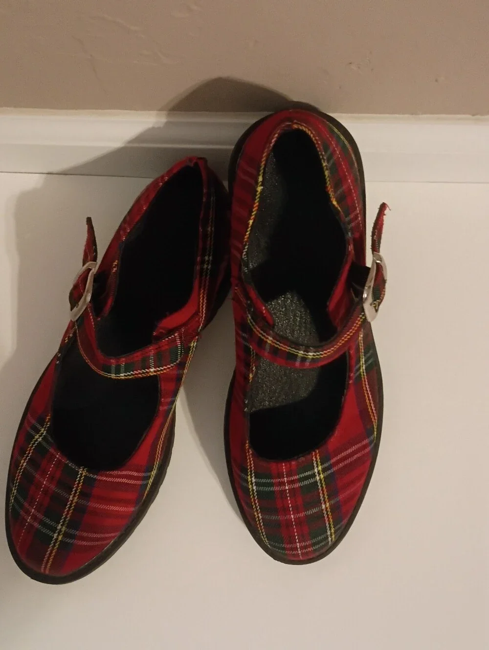 Grunge Y2K Red Plaid Tartan Chunky Mary Jane Platform Shoes Size 7 Buckle Strap